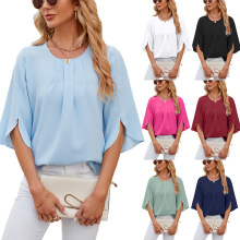 亚马逊独立站2024年欧美跨境夏季新款圆领五分袖宽松雪纺衫上衣女