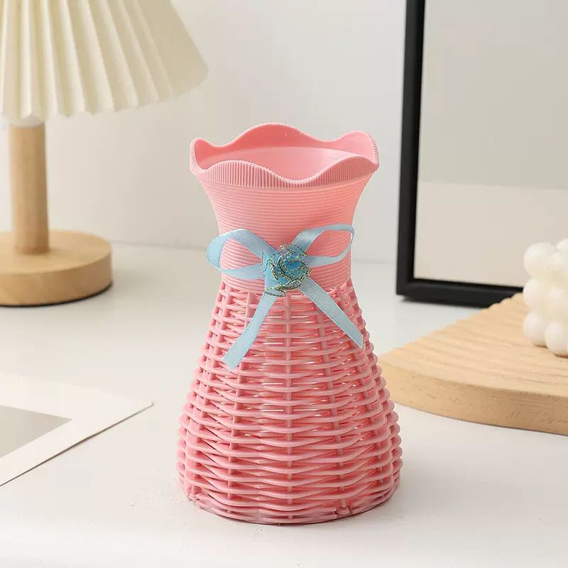 厂家批发直销塑料花篮彩色梅花口仿藤编原料家居装饰花葵花器