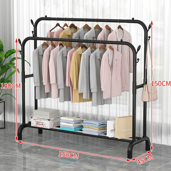 【Metal Double Rod】150 Clothes Hook Adjustable + 1 Layer Storage Rack