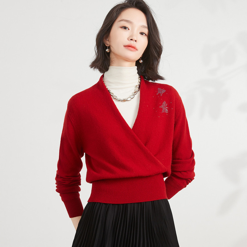100%羊毛衫气质优雅V领收腰针织衫女 时尚休闲烫钻纯色打底上衣女|undefined