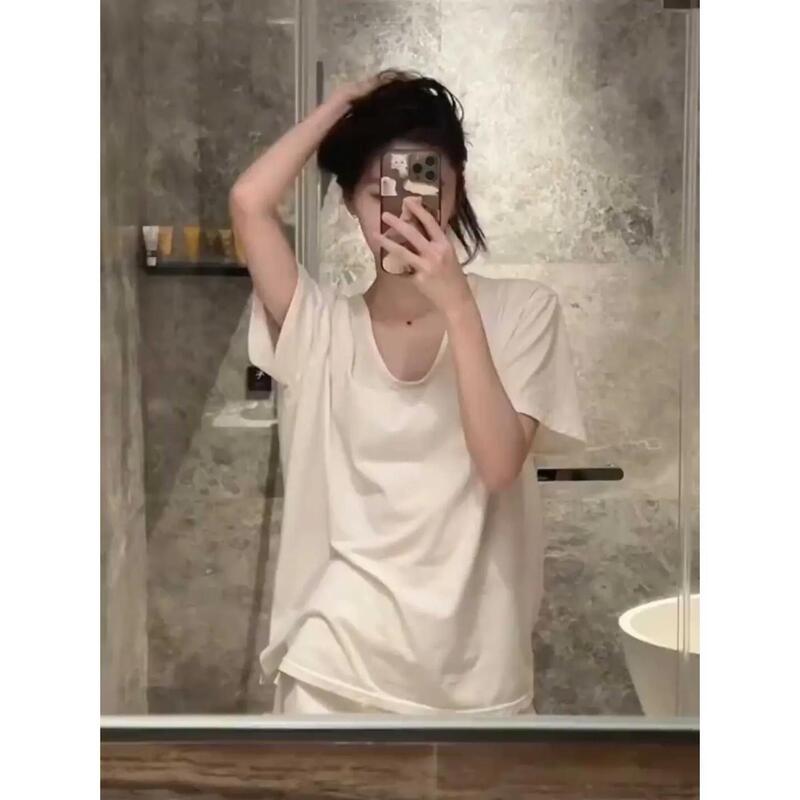 Korean-style Loose Lazy Short-sleeved White T-shirt Women's Large U-collar Base Shirt Summer Thin Slimming Solid Color All-match Top