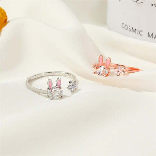 Japanese and Korean cute bunny ring, sweet girly heart flower index finger ring for girls ins internet celebrity open ring