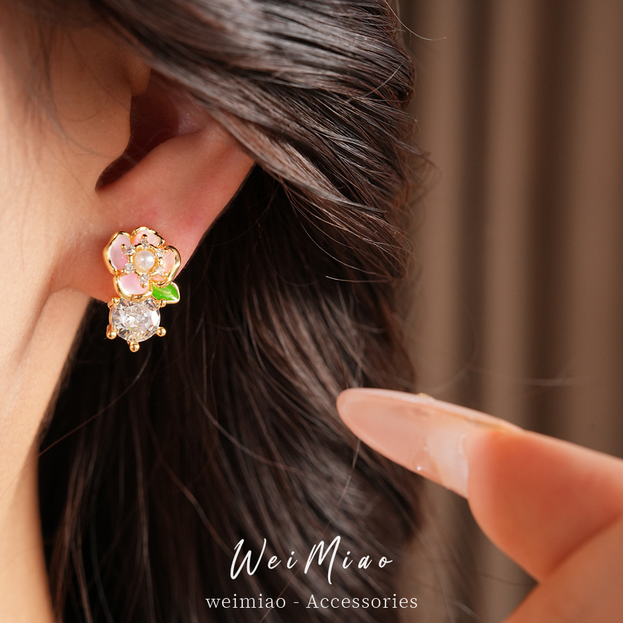 Aguja de plata zircon goteo flor tulipa perla pendientes temperamento dulce delicado pendientes ligeros lujosos de alta calidad pendientes
