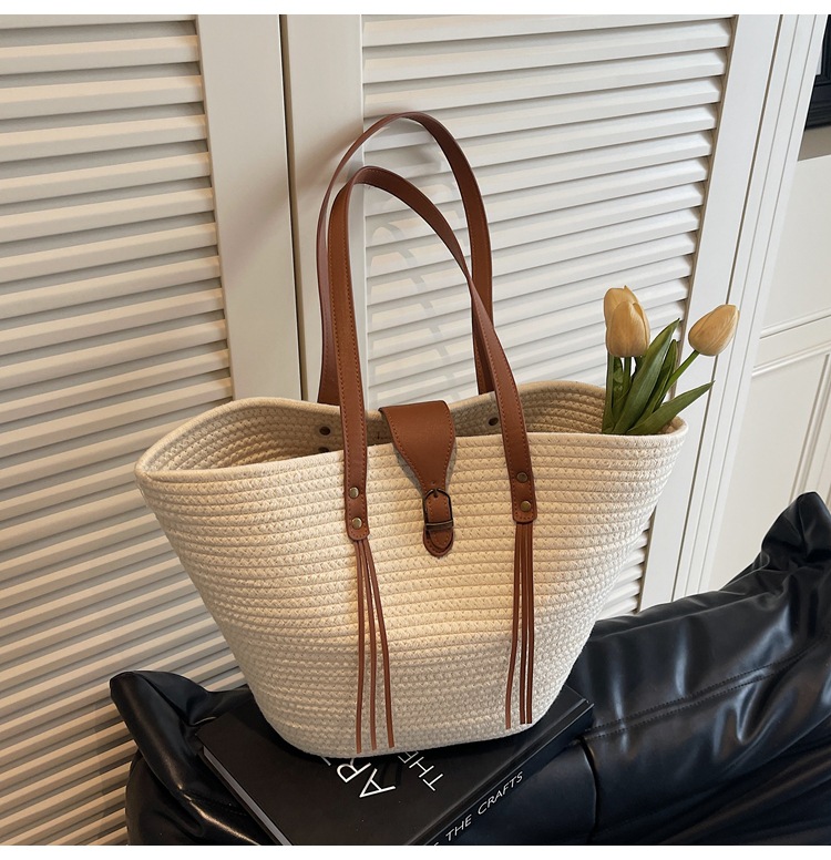 1125g Weight Weave Fashion Element Lock clasp Closure Type Double Shoulder Straps Strap Type Straw Bag Bags Type Casual Occasion cotton rope Material Solid Color Pattern Spring&Summer Season Women's Gender Beach Style Bucket Shape Large Size Women's Large Cotton Rope Solid Color Beach Weave Bucket Lock Clasp Straw Bag 20