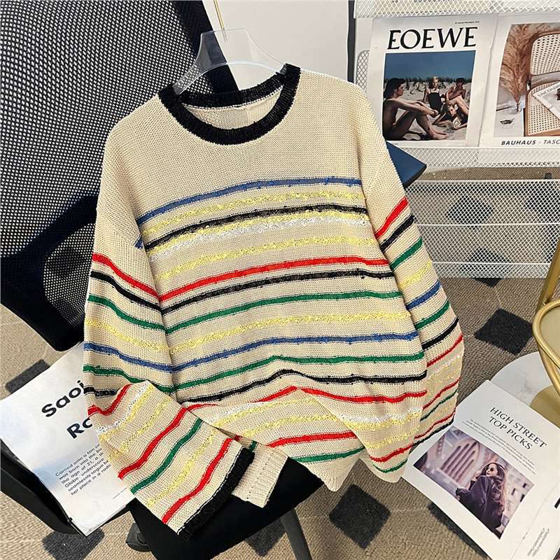 Gentle and Relaxed Feeling! Rainbow Stripesd Round Neck Linen Lyocell Blend Long-Sleeved Knitted Pullover Knitwear Top