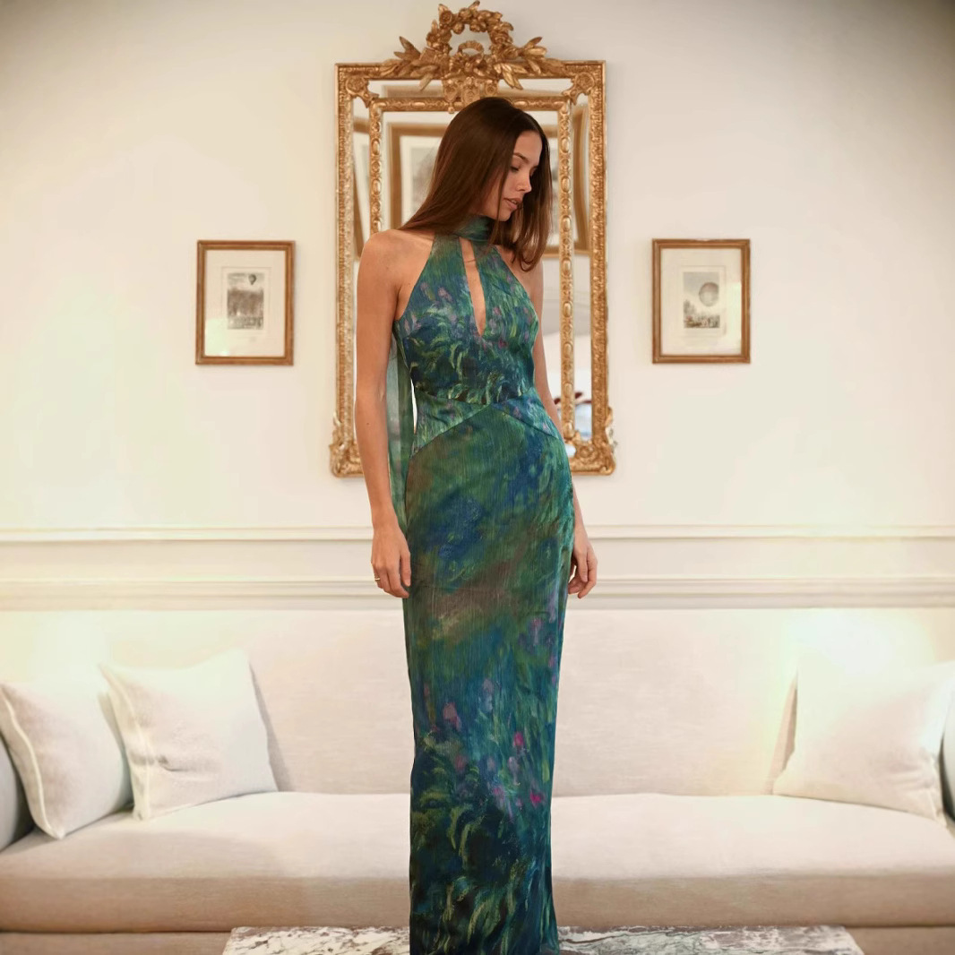 European and American Cross-Border Women's Halter Neck Ribbon High-End French Elegant Halter Neck Backless Long Skirt Blue Smudged Dress
