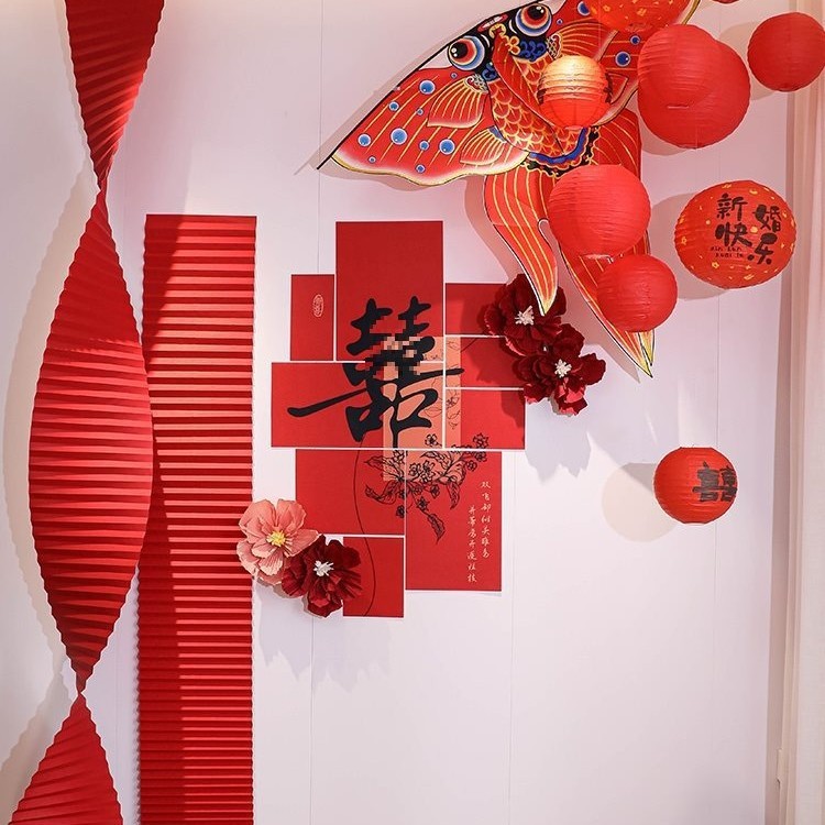 婚房布置装饰套装新结婚礼用品喜字男女方卧室简约酒店风筝灯笼|undefined
