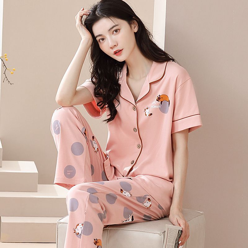 Pijamas de mujer primavera y verano 2023 nuevo 100% algodón cardigan pantalones de manga corta casual traje de desgaste para el hogar