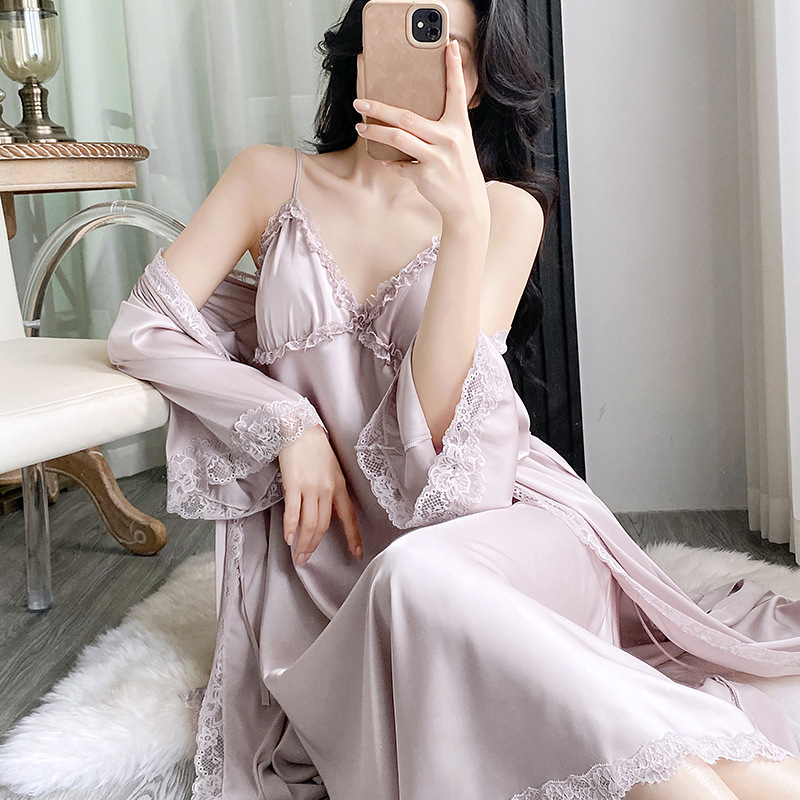 Ice Silk Camisole Nightgown for Women, Spring and Autumn Long Dress Robe Two-Piece Set, Pure and Sexy Style with Chest Pads, Supports Customization