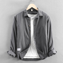 秋季休闲男士长袖衬衫纯色简约复古宽松内外搭衬衣男装-盛秋