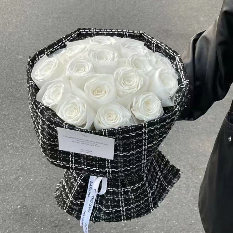 小香风鲜花包装包花材料套装千鸟格布艺面料花束纸浪花纱花艺网纱