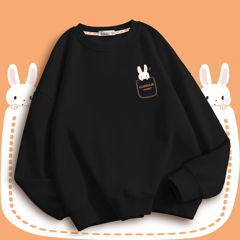 Early Spring Round Neck Sweatshirt Women's 2025 New Black Hooded Spring & Fall Thin Loose Large Size Right Shoulder Top