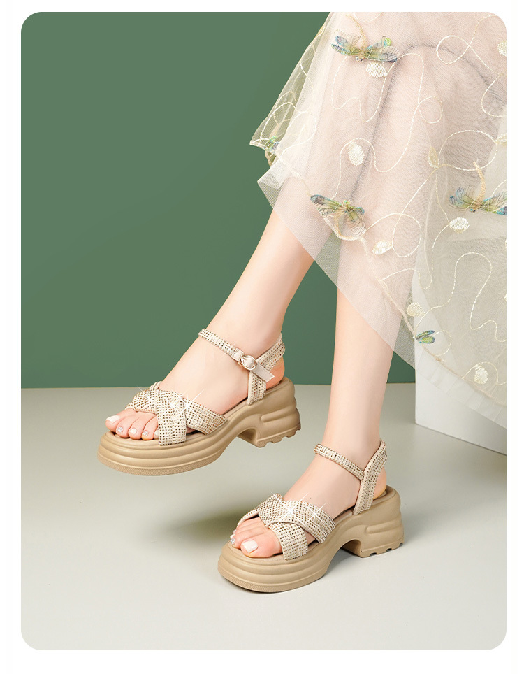 Sandal nữ đế dày đính đá phong cách La Mã, đế mềm tăng chiều cao — Màu đen chi tiết 13