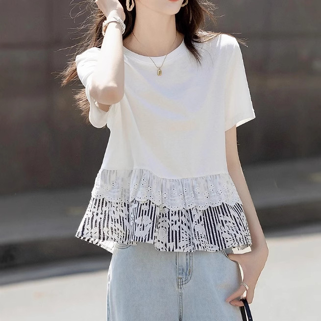 Cotton "Oxygen" Free 2025 Summer Fashionable Spliced Lace Bottoming Shirt Plaid Round Neck Loose Short Sleeve Women's T-Shirt Cotton "Oxygen" Free 2025 Summer Fashionable Spliced Lace Bottoming Shirt Plaid Round Neck Loose Short Sleeve Women's T-Shirt