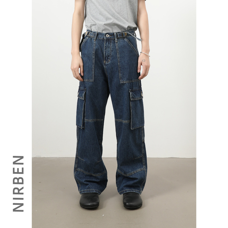 Nirben Cowboy | American Retro Workwear Jeans for Men, High Street Hip-Hop Loose and Versatile Straight Wide-Leg Trousers
