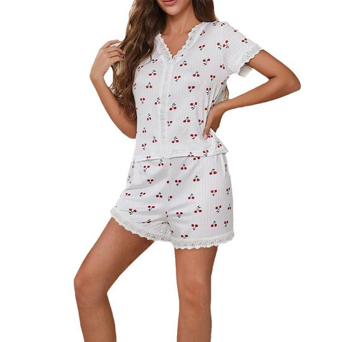 European and American Style V-Neck Lace Pajama Set for Women, Autumn New Arrival, Cherry Blossom Pattern, Sweet and Comfortable Homewear Two-Piece Set