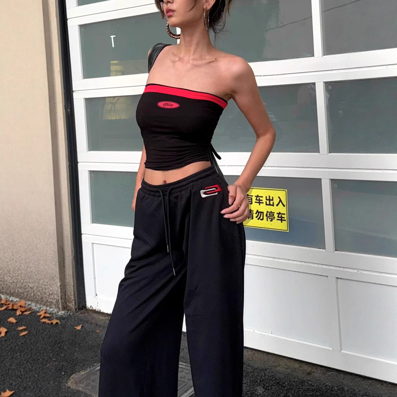 In-Stock Color-Blocked Strapless Vintage Embroidered Spicy Girl Straight-Leg Wide-Leg Floor-Length Loose Niche Design Set In-Stock Color-Blocked Strapless Vintage Embroidered Spicy Girl Straight-Leg Wide-Leg Floor-Length Loose Niche Design Set