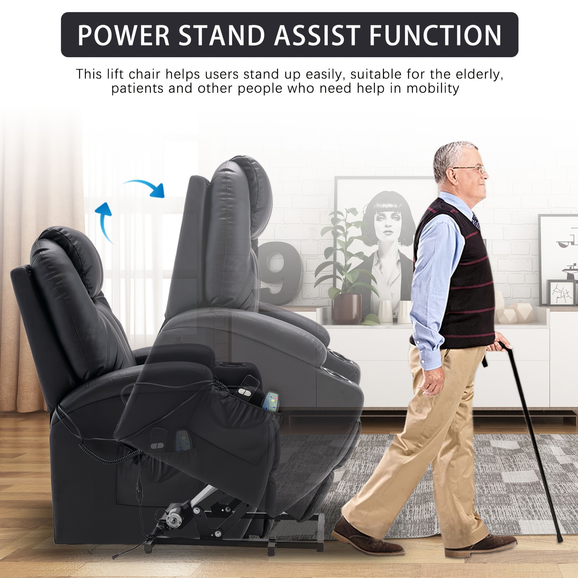 Black Power Lift Recliner Chair con Massage Heat Function