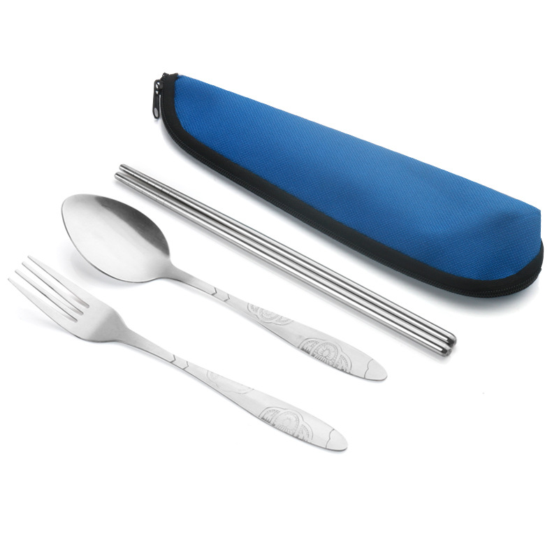 Patterned spoon, fork, and chopsticks set in stainless steel, portable cloth bag, tableware set with logo as a small gift