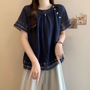French-Style Heavy Embroidery Short-Sleeve Shirt for Women, Summer Plus-Size, Slimming, Tummy-Concealing Babydoll Top, Beautiful Blouse