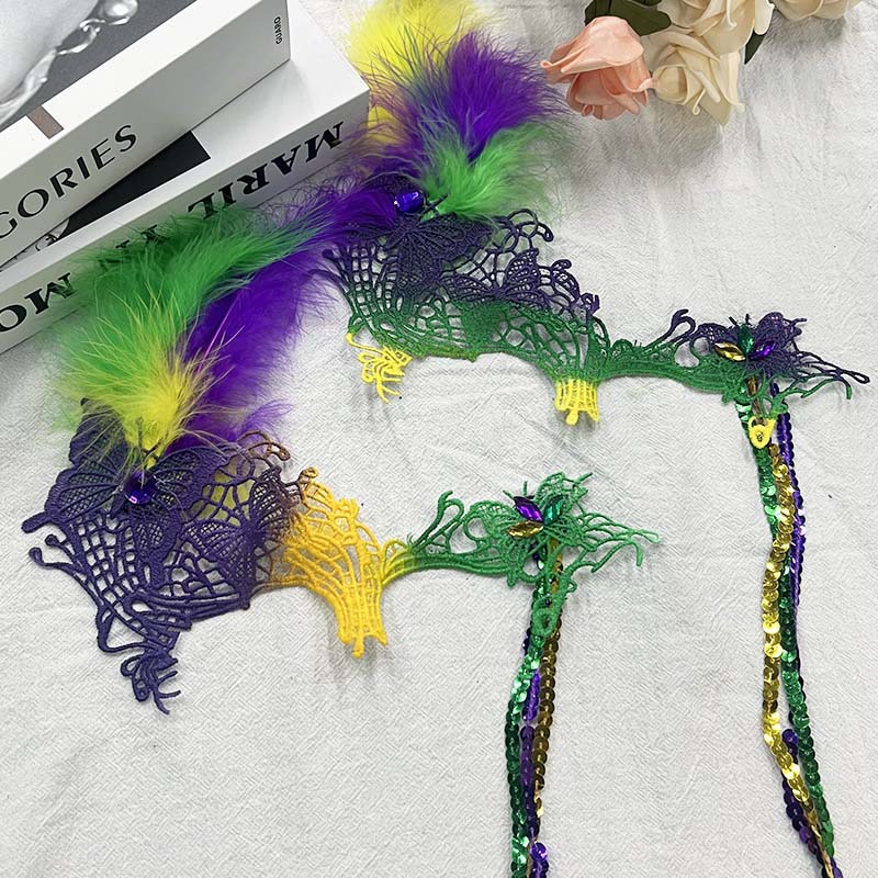 Nueva máscara de carnaval tricolor plumas máscara de diamante tricolor flores laterales máscara de brida media cara baile