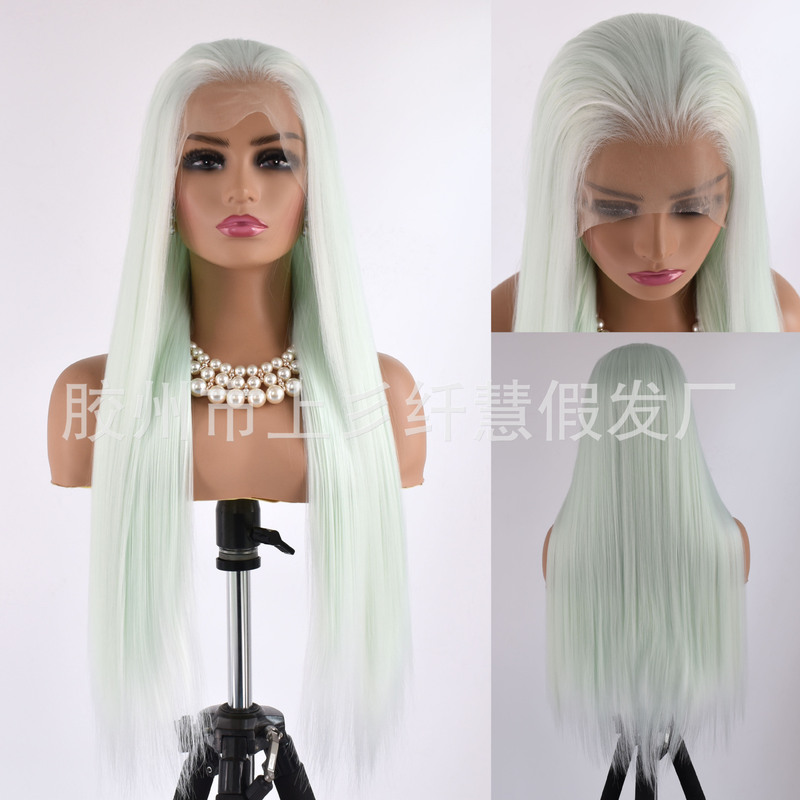 Hand Hook Wig, Tender Green Female Lace Front, Long Straight Hair, Matte Silk Headgear, Can Be Seamed at Will, Photography cos