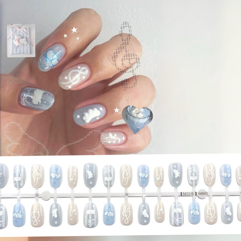 Japanese-Style Short Oval Blue Fresh and Cute Winged Nail Stickers, Popular on Instagram, Vintage Japanese-Style Short Oval Blue Fresh and Cute Winged Nail Stickers, Popular on Instagram, Vintage