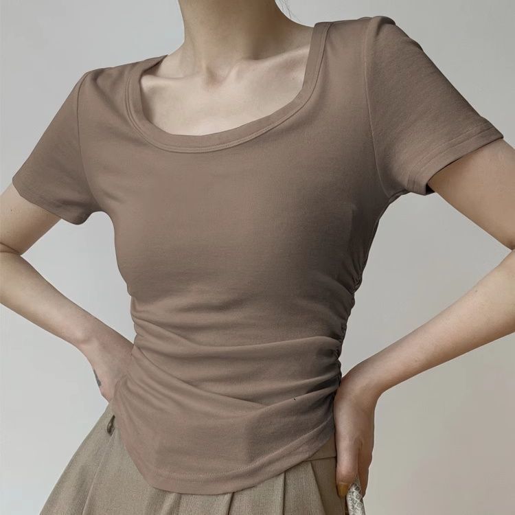 アメリカンレトロなプリーツデザインUネックスリムフィット半袖Tシャツカーブヘムボトムピュアセクシーシックトップ|undefined