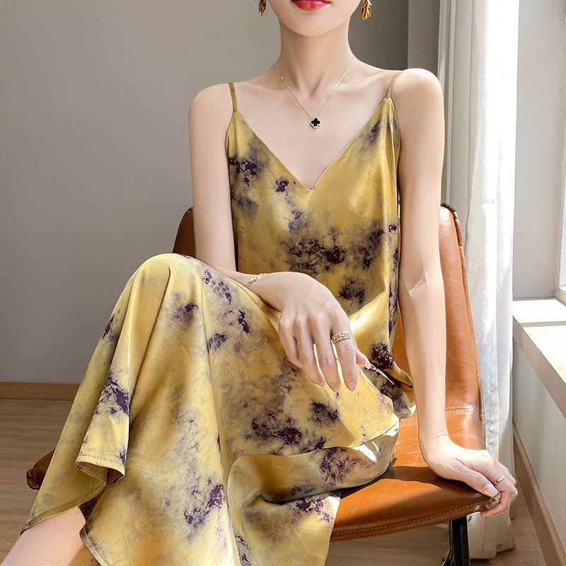 New Chinese Ink National Style Printed Sling dress Women's Summer Retro Satin High-end Elegant A- line Over-the-Knee Long Dress