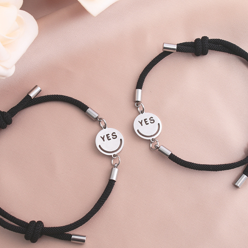 fashion stainless steel smiley geometric magnet couple bracelet