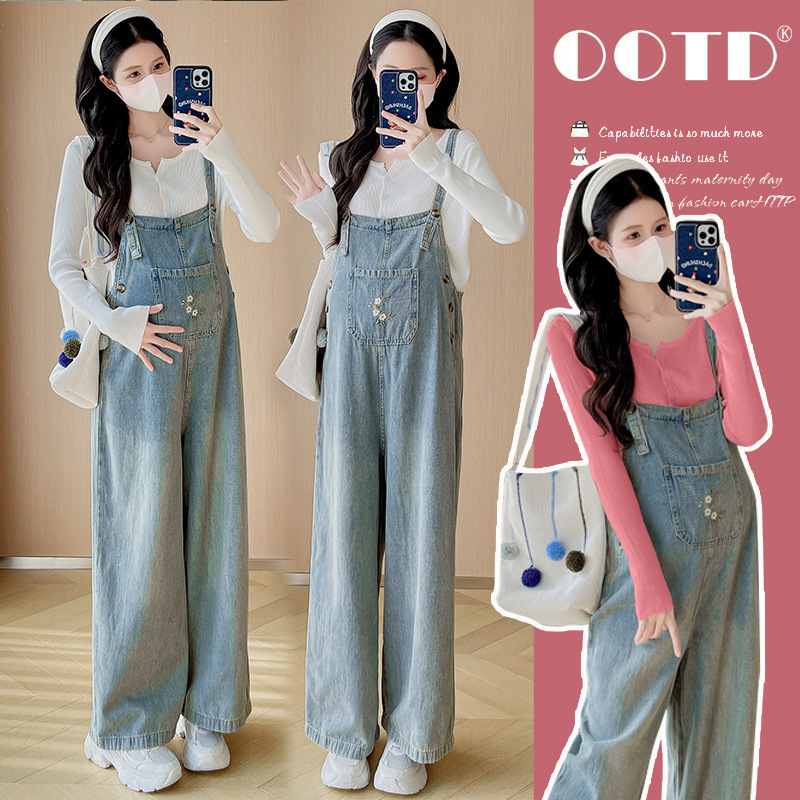 2026 Spring New Maternity Overalls Set Denim Wide-Leg Pants Casual Age-Reducing Two-Piece Set