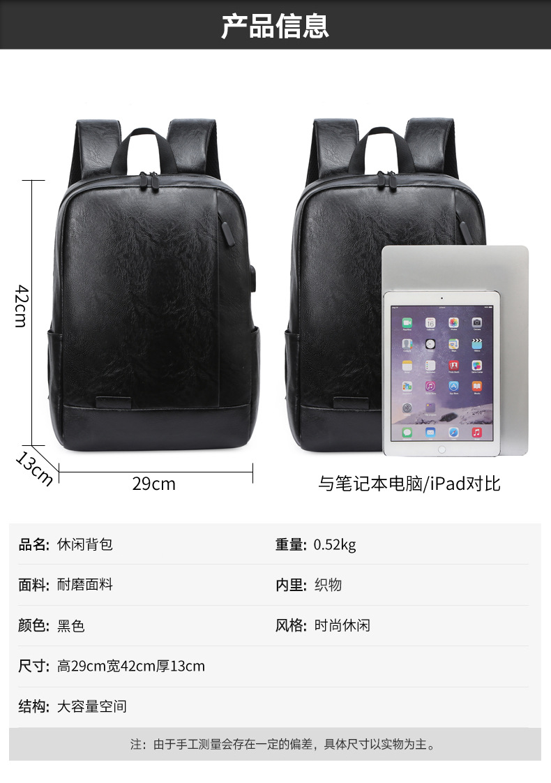 Fashion Simple Pu Backpack Casual Men's Rechargeable Shoulder Computer Bag Wholesale display picture 2