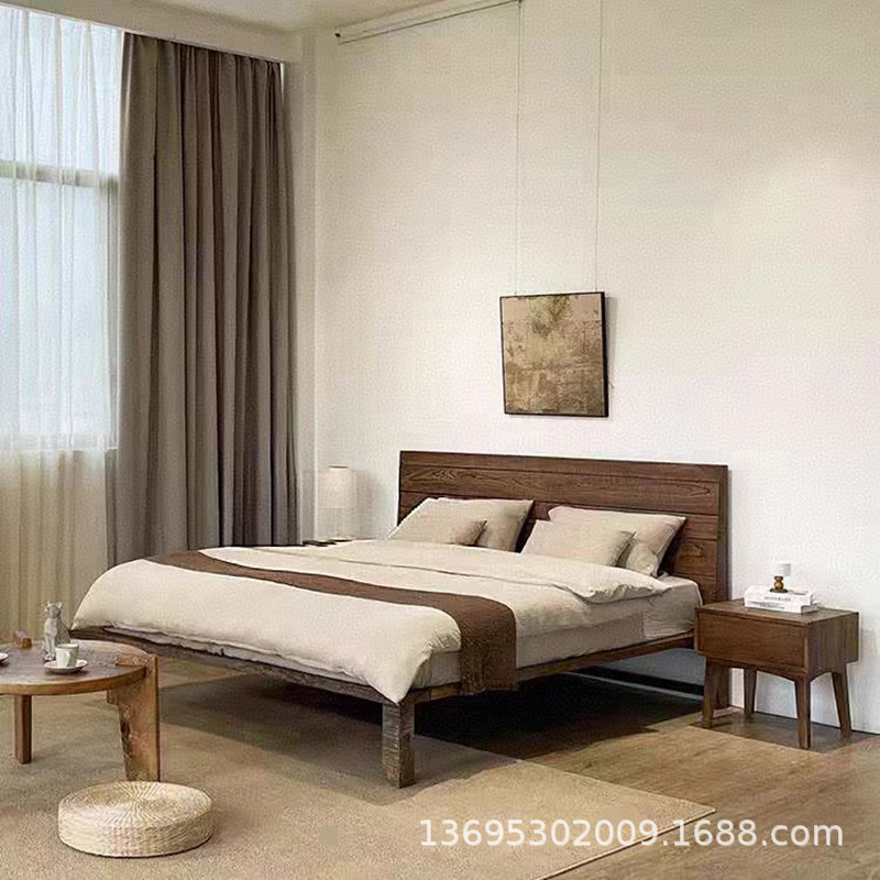 New Chinese Style Quiet Wind Old Elm Wood Bed Solid Wood Homestay Room Bed 1.8 Meters Double Bed Plain Board Vintage Bedroom Bed