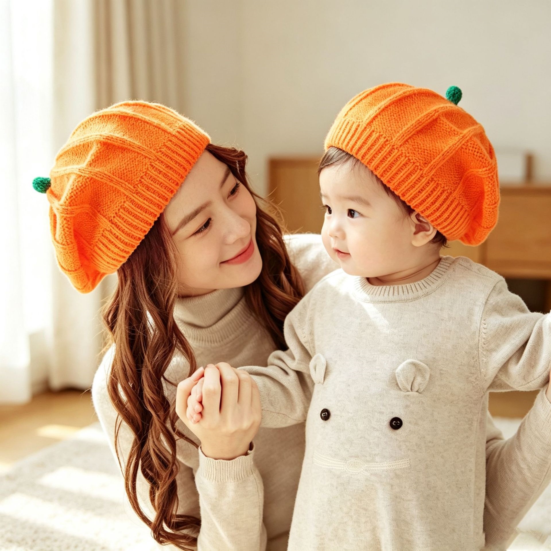 Amazon cross-border autumn and winter solid color parent-child knitted children's warm pumpkin hat beret wholesale parent-child hats
