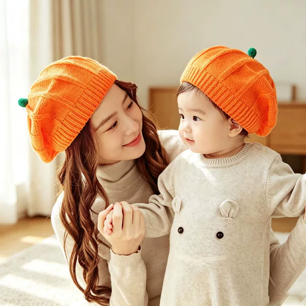 Amazon cross-border autumn and winter solid color parent-child knitted children's warm pumpkin hat beret wholesale parent-child hats