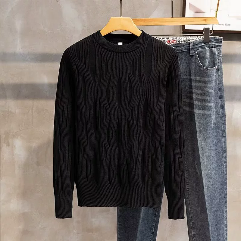 Осенне-зимний мужской свитер с круглым вырезом, модный тонкий нижний свитер, Молодежный теплый Однотонный свитер с волнистым узором, мужской свитер