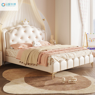Children's Bedroom Bed Girl French Cream Style Bedroom Girl Princess Bed Crown Strawberry Soft Leather