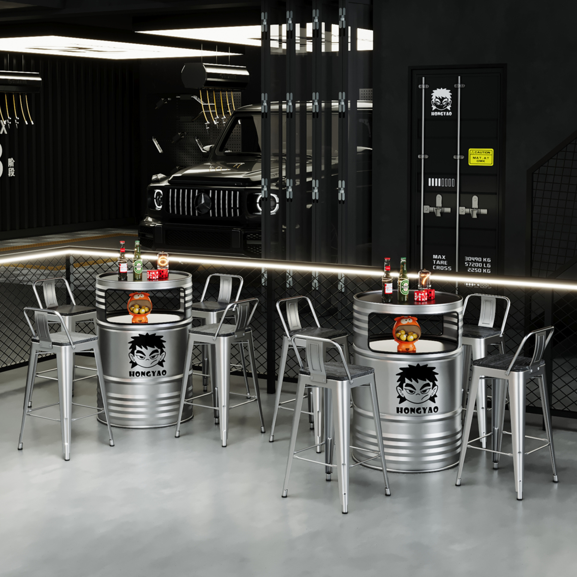 Industrial Style Bar Oil Barrel Loose Table Card Holder Table and Chairs Creative Outdoor Rest Area Commercial Iron High Table and Chair Combination