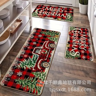 Christmas American Kitchen Floor Mats Santa Claus Crystal Velvet Floor Mats Absorb Water and Non-Slip Festive Atmosphere Red Carpet