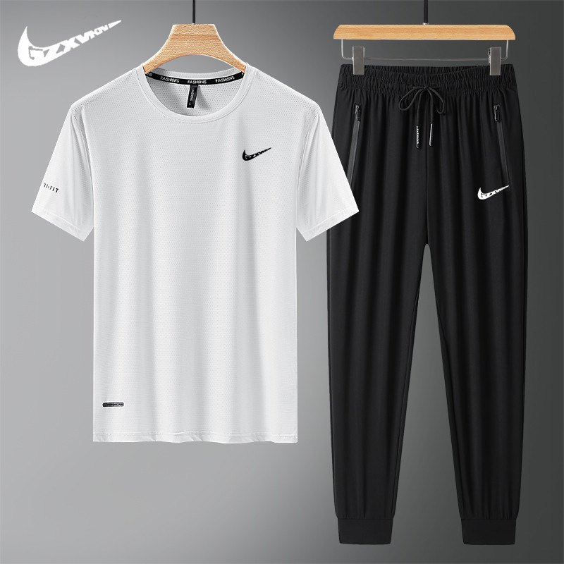 Cool Ice Silk Quick-Drying Two-Piece Summer Thin Loose Short-Sleeved T-Shirt Pants Men's Casual Sports Suit Cool Ice Silk Quick-Drying Two-Piece Summer Thin Loose Short-Sleeved T-Shirt Pants Men's Casual Sports Suit