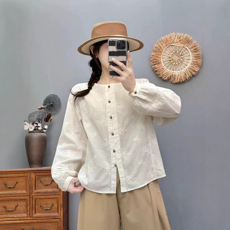 复古文艺棉纱立领彩扣刺绣衬衫2025秋季新款休闲时尚圆领女开衫|undefined