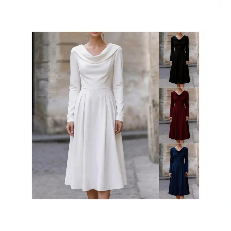 European and American Style Satin Draped Collar Long-Sleeve Gown, Waist-Cinching Slimming Mid-Length Party Dress, Amazon Elegant Dress European and American Style Satin Draped Collar Long-Sleeve Gown, Waist-Cinching Slimming Mid-Length Party Dress, Amazon Elegant Dress