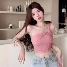 单肩性感褶皱粉色短款背心女夏季纯欲风外穿无袖露背内搭吊带上衣
