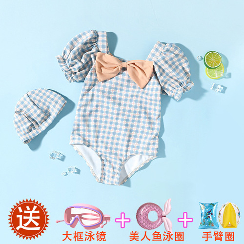 Baby Girls' Cute Plaid One-Piece Swimsuit for Kids, Quick-Drying Beach and Hot Spring Swimwear, Korean Style
