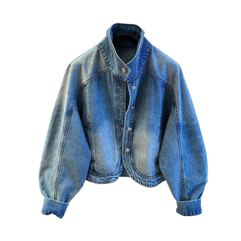 Áo khoác denim nữ dáng rộng cổ bẻ phong cách retro, tay dài, mùa thu — Màu xanh dương