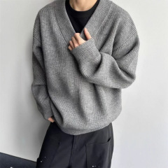 美式复古灰色v领毛衣男款冬季潮牌慵懒针织衫外套叠穿内搭打底衫