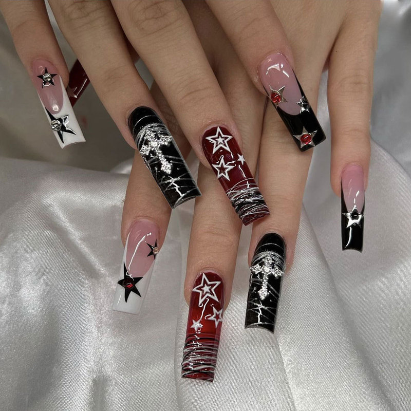European and American Wearing Armor Long Coffin Irregular Lines French Gradient Stars False Nail Nail Nails