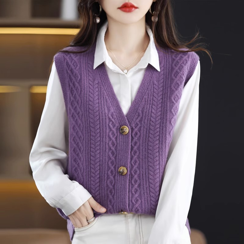 Primavera y otoño 2024 nuevo giro de punto Chaleco de las mujeres de la Rebeca con cuello en V Chaleco de estilo occidental chaleco