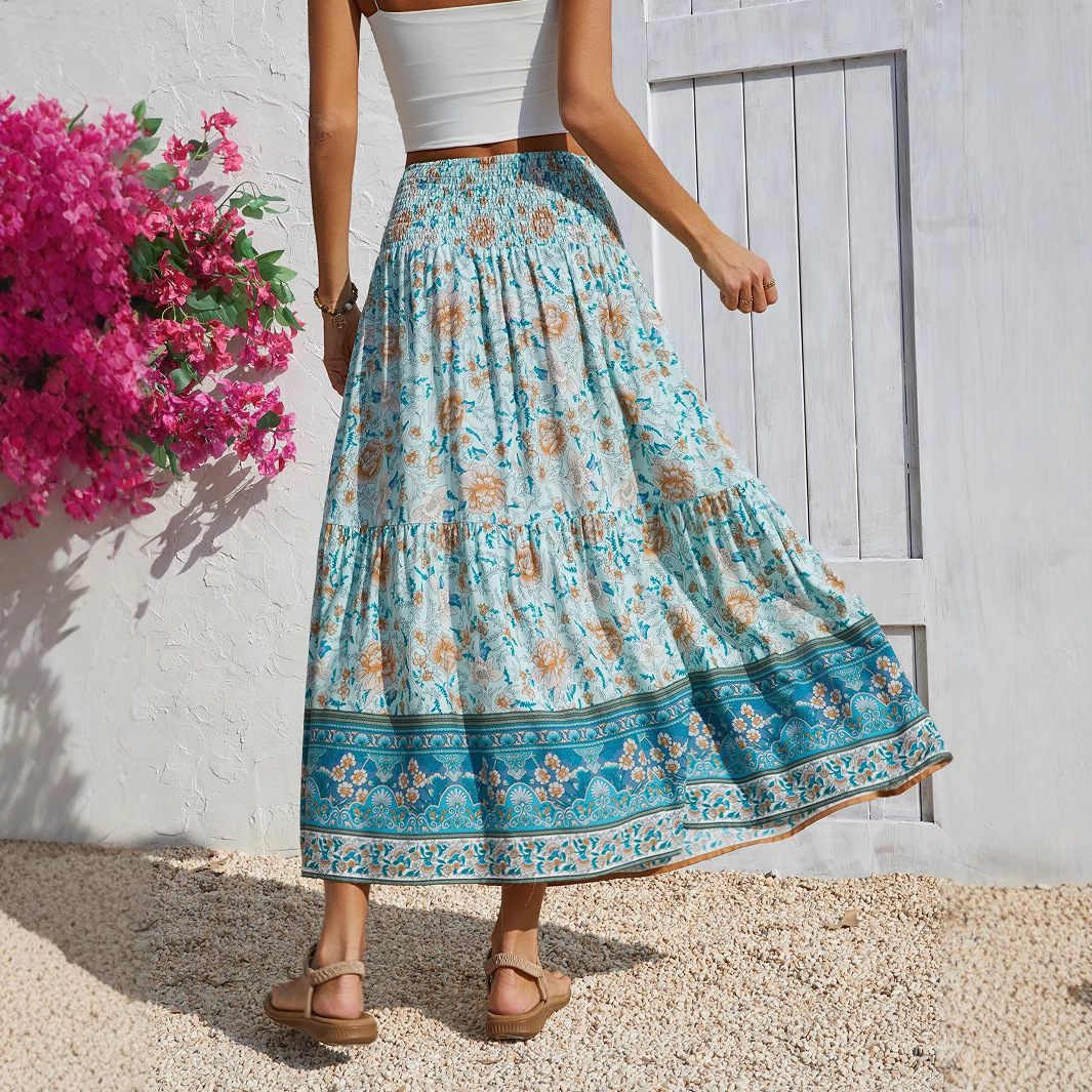 女士大码清新风波西米亚中长裙欧美跨境新款休闲度假松紧腰半身裙