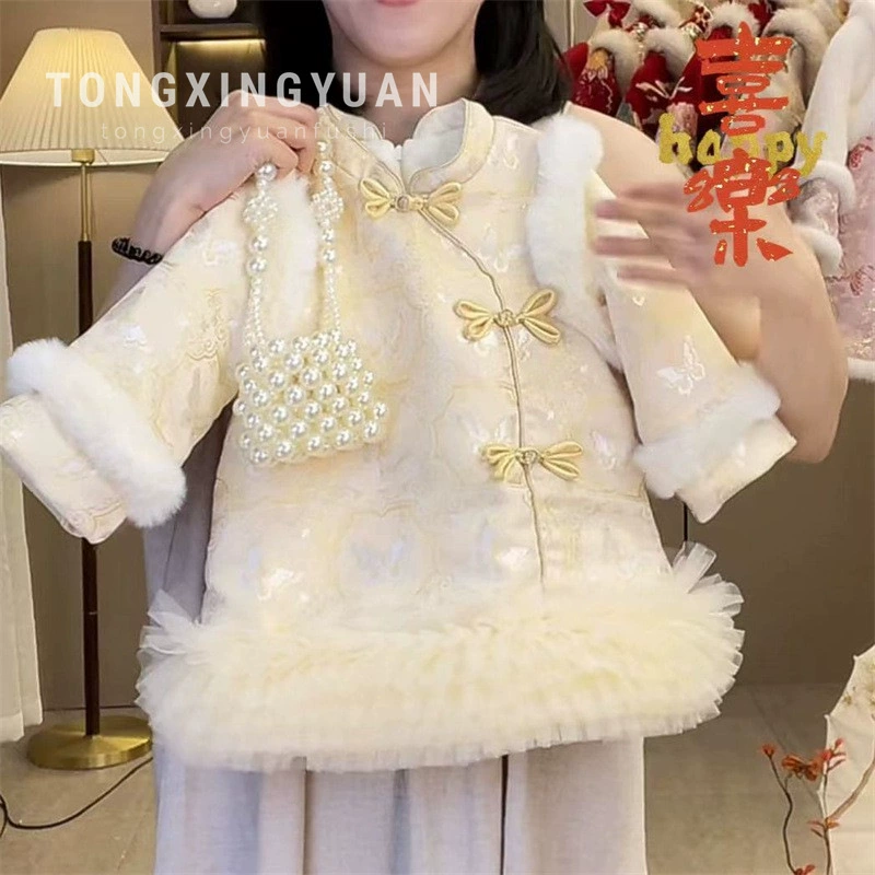 Девушка годик костюм 2025 новый китайский стиль принцессы юбка бархатный утолщение платье для девочек дикий чонсам юбка